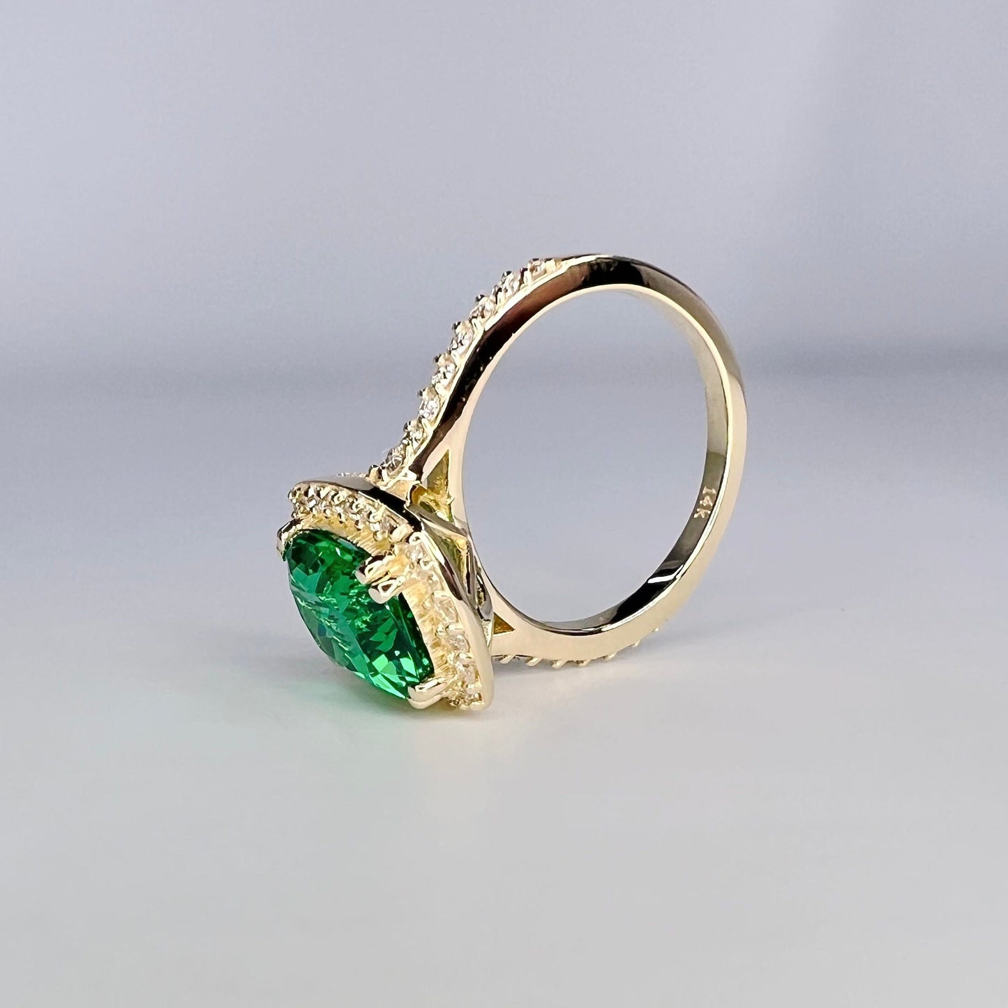 Elongated Cushion Cut Emerald Ring, Diamond Halo Engagement Ring, Green Emerald Engagement Ring, 3.90ctw, 14k Yellow Gold #6057