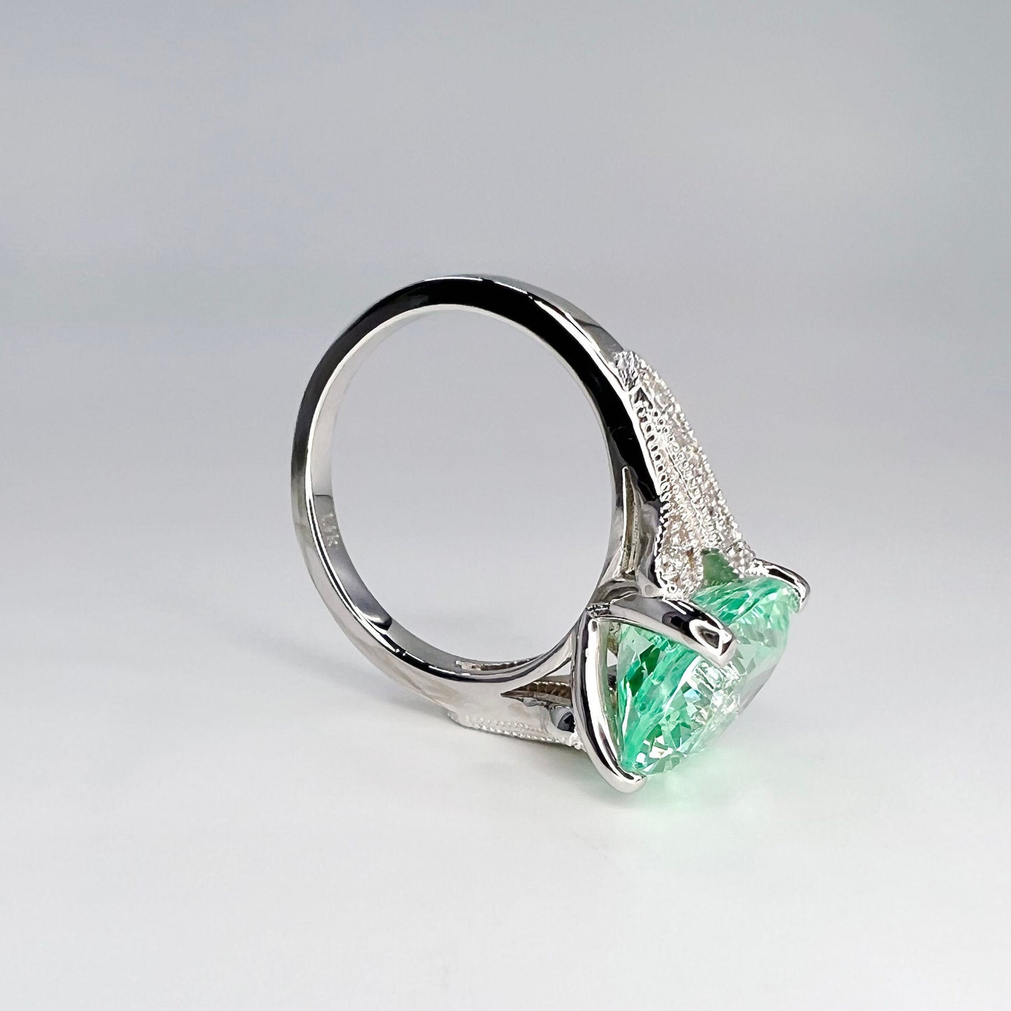 Oval Engagement Ring / Light Green Paraiba Ring / Paraiba and Moissanite Ring / 14k White Gold / #6401