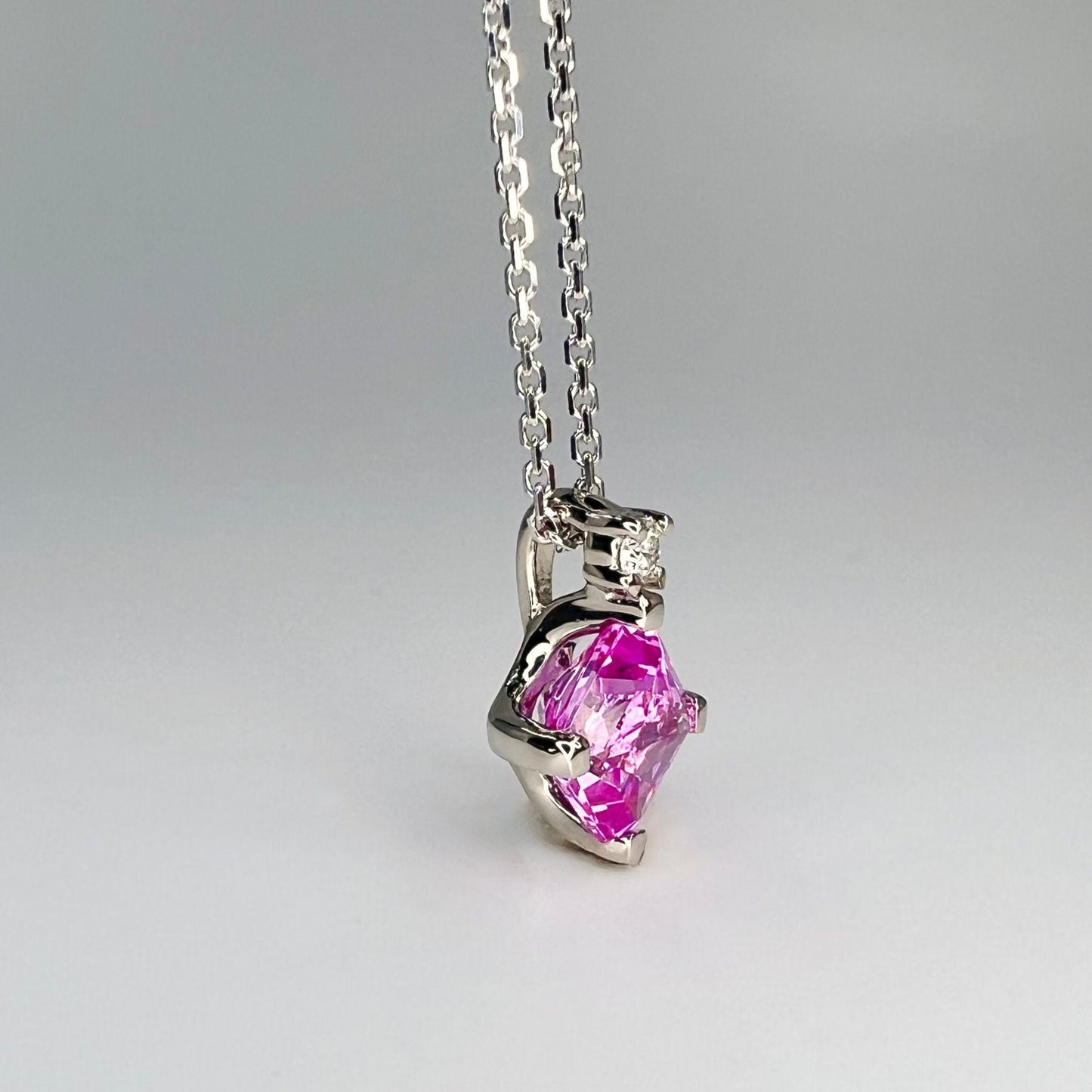 Pink Sapphire and Diamond Pendant Necklace 14K Yellow Gold, Radiant Cut Pink Sapphire Necklace, Dainty Necklace, October Birthstone, #6476
