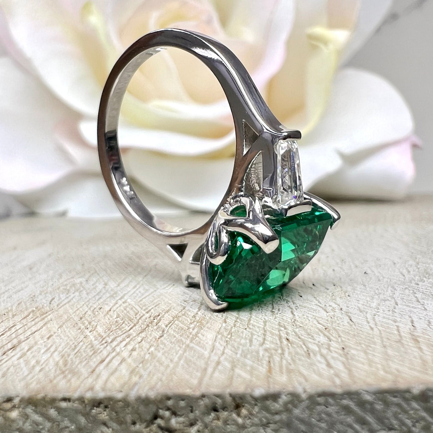 Emerald Cut Emerald Engagement Ring With Baguettes In 14K White Gold, Emerald and Moissanite Engagement Ring #6725
