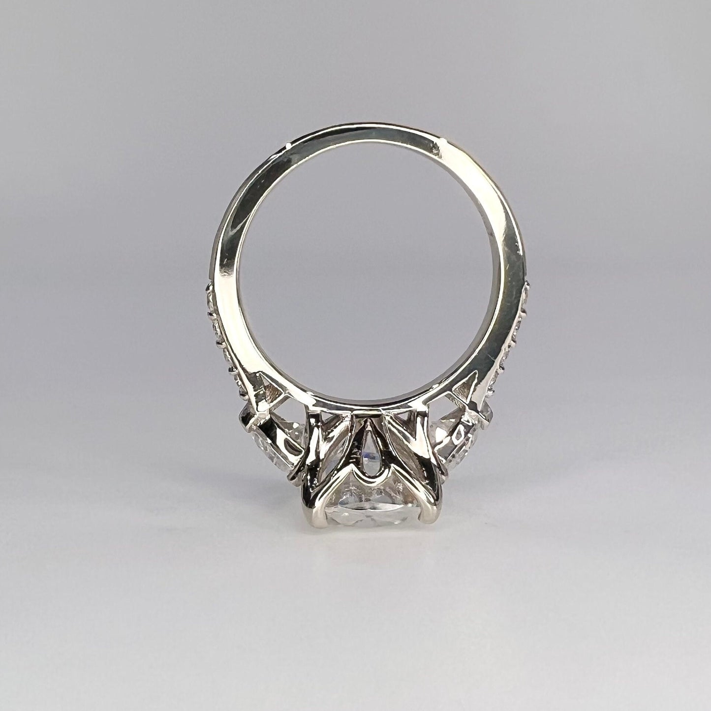 Moissanite Cushion Cut Engagement Ring, Elongated Cushion Cut Wedding Ring, 14k White Gold Trillion Moissanite Three Stone Ring Ladies #7508