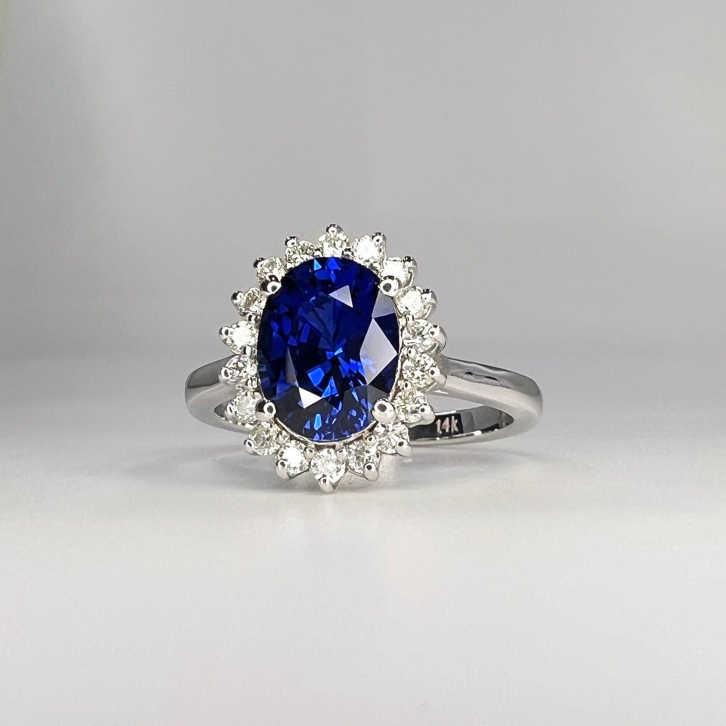 Oval Cut Blue Sapphire And Diamond Engagement Ring, 14k Gold Blue Sapphire With Diamond Halo Wedding Ring, September Birthstone Ring #6236