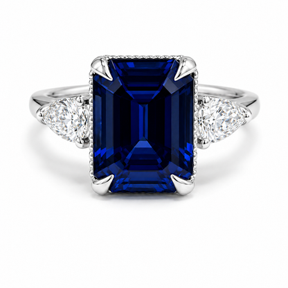 Emerald Cut Blue Sapphire Engagement Ring, Pear Lab Grown Diamonds, 14K Gold #8857