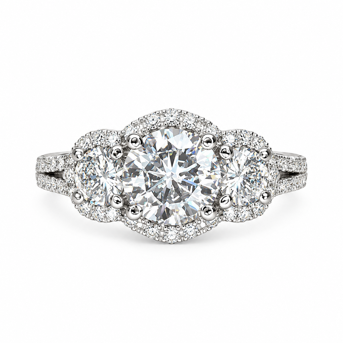 Three Stone Round Halo Diamond Engagement Ring White Gold Vintage Style Round Engagement Ring Halo Setting Past Present Future Rings  #4059