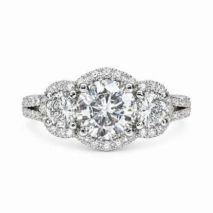 Three Stone Round Halo Diamond Engagement Ring White Gold Vintage Style Round Engagement Ring Halo Setting Past Present Future Rings  #4059