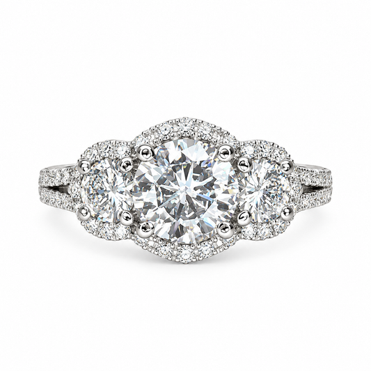 Three Stone Round Halo Diamond Engagement Ring White Gold Vintage Style Round Engagement Ring Halo Setting Past Present Future Rings  #4059
