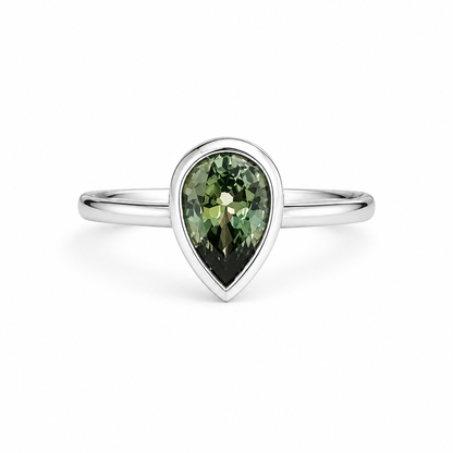 1.50 Ctw Pear Shape Bezel Olive Green Sapphire Engagement Ring in 14k Solid Gold , Modern Birthstone Ring , Dainty Pear Shape Ring #8858