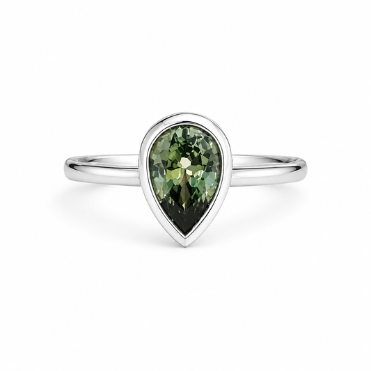 1.50 Ctw Pear Shape Bezel Olive Green Sapphire Engagement Ring in 14k Solid Gold , Modern Birthstone Ring , Dainty Pear Shape Ring #8858