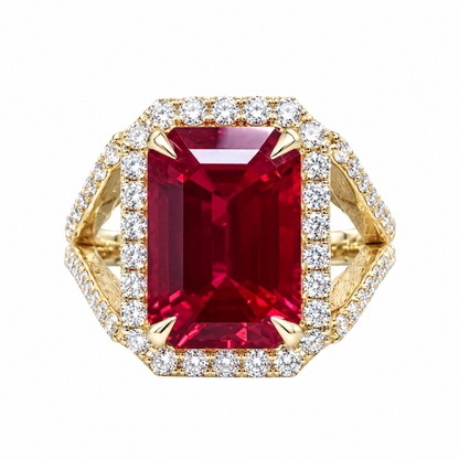 Emerald Cut Ruby and Moissanite Engagement Ring 14K Yellow Gold Unique Vintage Style Emerald Cut Halo Engagement Rings Heavy Gold Ring #7481