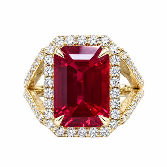 Emerald Cut Ruby and Moissanite Engagement Ring 14K Yellow Gold Unique Vintage Style Emerald Cut Halo Engagement Rings Heavy Gold Ring #7481