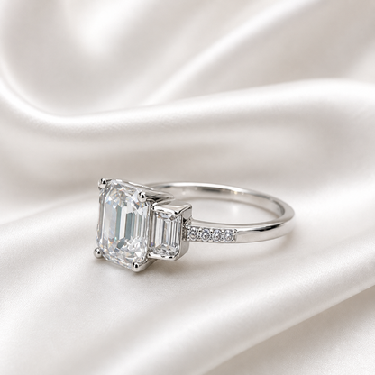 Moissanite Emerald Cut Engagement Ring With Emerald Cut Sides And Round Accents, Three Stone Engagement Ring, 14K White Gold #4660 #6883