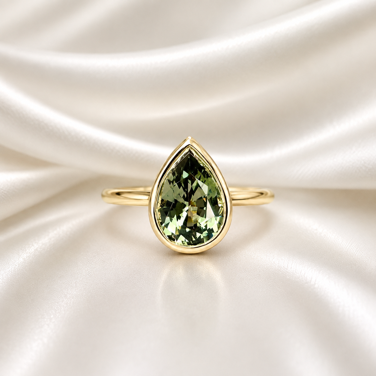Pear shape  blue sapphire ladies ring, bezel set in 14k white gold #5860