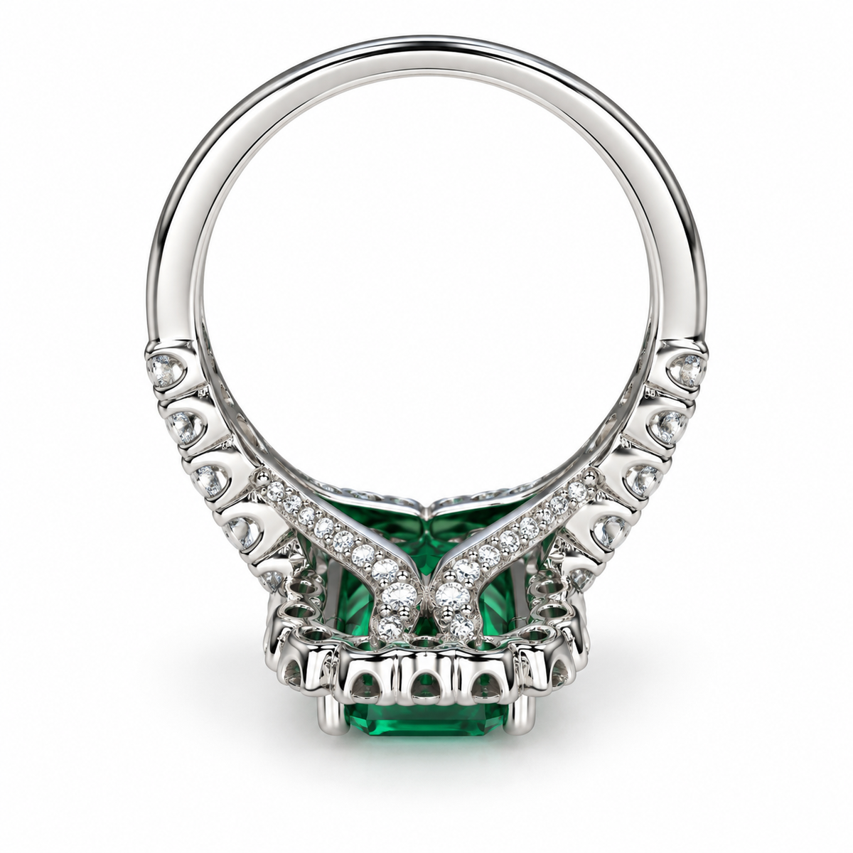 Emerald cut emerald with moissanite halo engagement ring 14k solid gold, unique vintage green emerald ring, May birthstone ring ladies #6081
