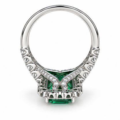 Emerald cut emerald with moissanite halo engagement ring 14k solid gold, unique vintage green emerald ring, May birthstone ring ladies #6081