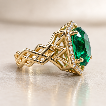 Oval shaped emerald and diamond statement ring, Unique handmade vintage emerald ring, May birthstone wedding ring, Art Deco emerald,   #5175