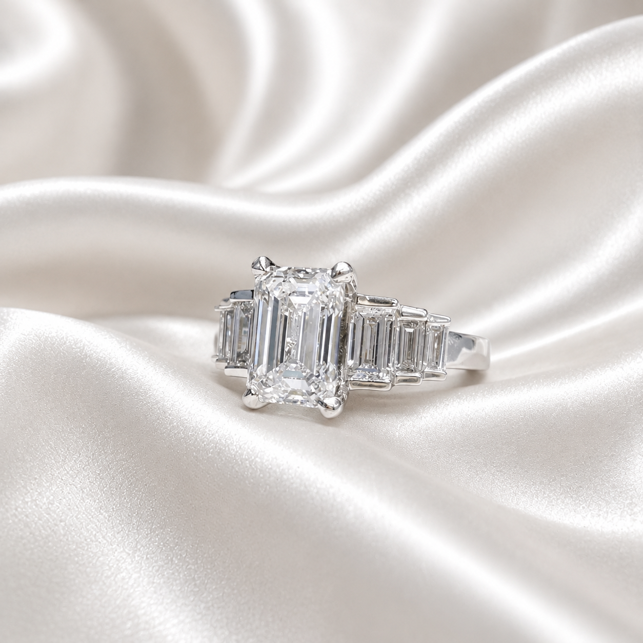 3.30 CTW 7 Stone Lab Diamond Emerald Cut Engagement Ring , Emerald Cut & Graduated Baguette Diamond Ring #8812