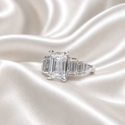 3.30 CTW 7 Stone Lab Diamond Emerald Cut Engagement Ring , Emerald Cut & Graduated Baguette Diamond Ring #8812
