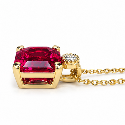 Ruby pendant necklace 14k yellow gold, Radiant cut ruby and diamond necklace pendant, July birthstone jewelry, Dainty Stacking Necklace 7761