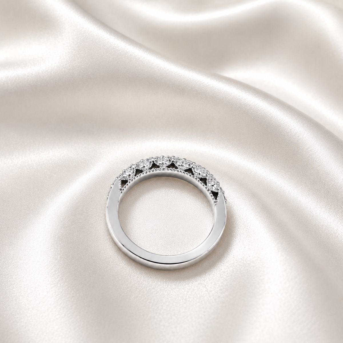 Lab Diamond Wedding Band , Unique Antique Style Lab Grown Diamond Stacking Band 14K Solid Gold , Half Eternity Cluster Diamond Ring #8833