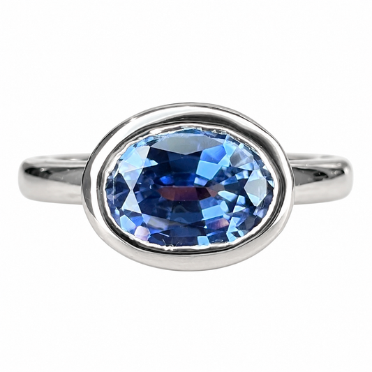 Oval cut blue sapphire bezel set ring 14K white gold, east west oval sapphire stacking ring Unique bezel set blue sapphire ladies ring #7790