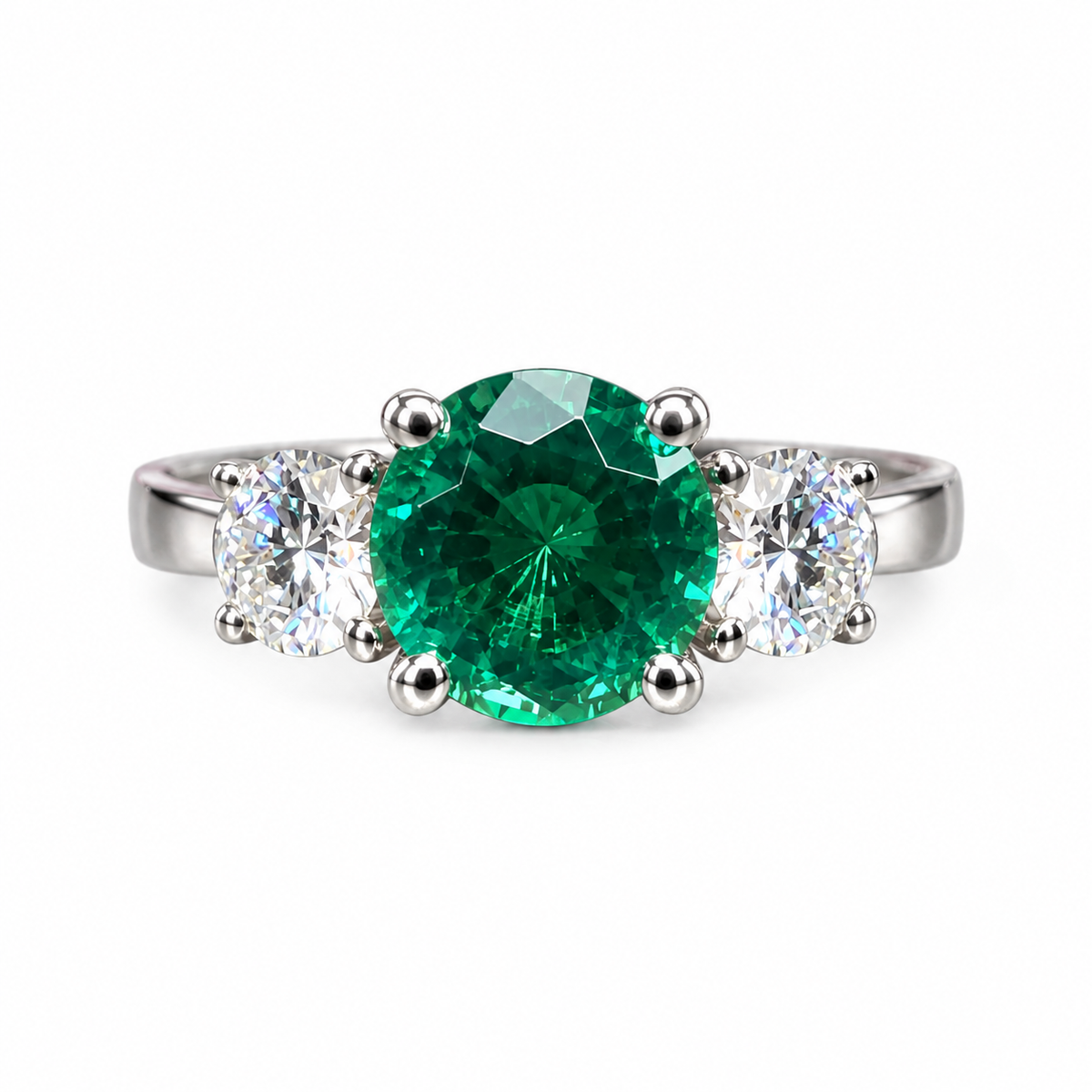 Emerald And Moissanite Round Three Stone Engagement Ring Set In 14K White Gold