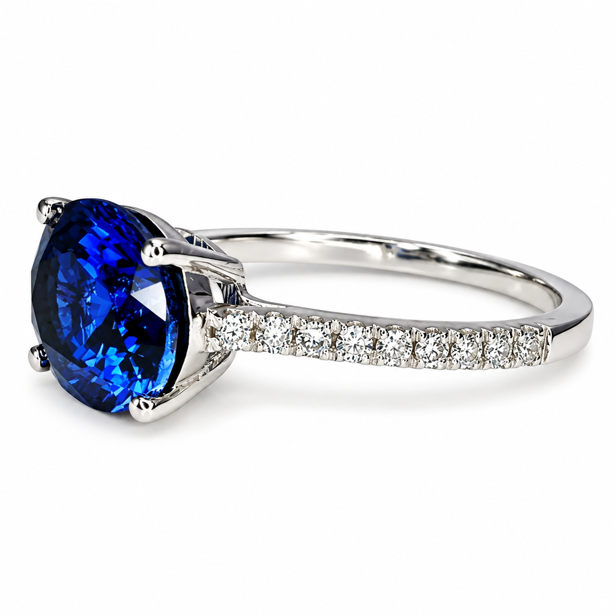 Oval  Blue Sapphire And Genuine Diamond Ring Set Horizontal In 14k White Gold #5777