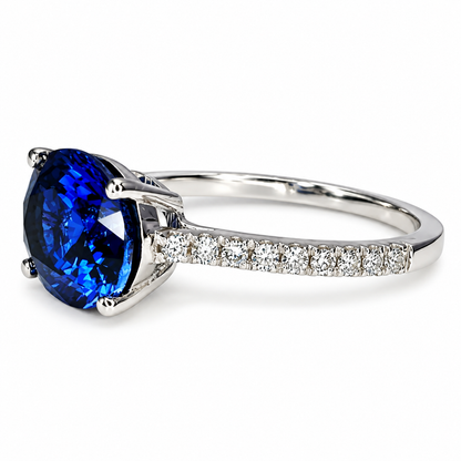 Oval  Blue Sapphire And Genuine Diamond Ring Set Horizontal In 14k White Gold #5777