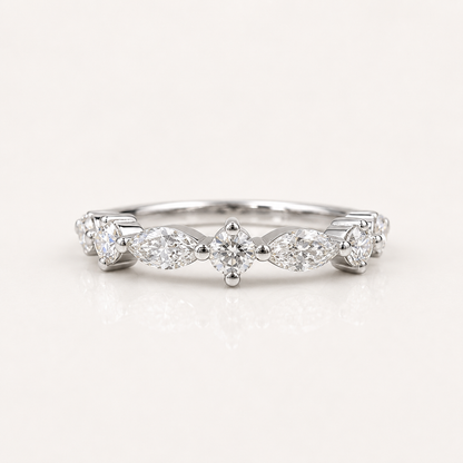 Lab Grown Diamond Stacking Band 14K Solid Gold , Unique Marquis Diamond and Round Diamond Dainty Wedding Band #8799