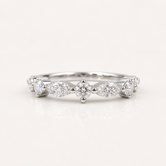 Lab Grown Diamond Stacking Band 14K Solid Gold , Unique Marquis Diamond and Round Diamond Dainty Wedding Band #8799