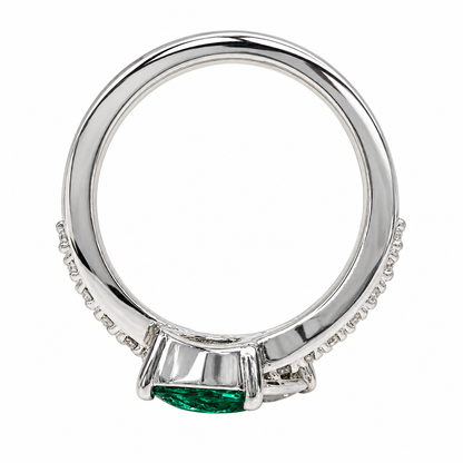 Emerald and Moissanite Pear Shape Bypass Ring White Gold Two Stone Engagement Ring For Women Birthstone Ring Unique Anniversary Rings  #7434