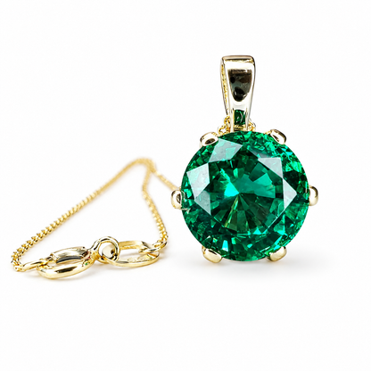 Round Emerald Solitaire Pendant, Crown Head Emerald Green Necklace For her , 14K Gold May Birthstone Pendant , Ladies Emerald Necklace #6065