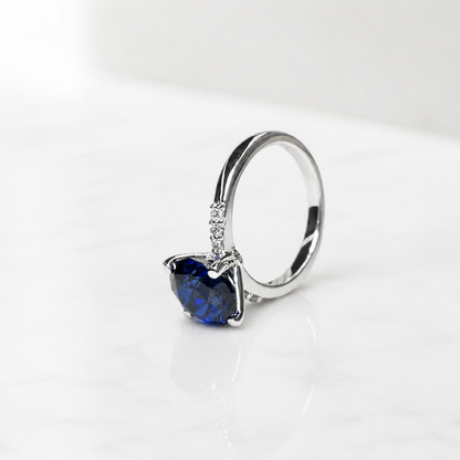 Round Blue Sapphire Engagement Ring 14k White Gold, Three Stone Blue Sapphire Engagement Rings , Blue Sapphire Promise Anniversary Ring 7259