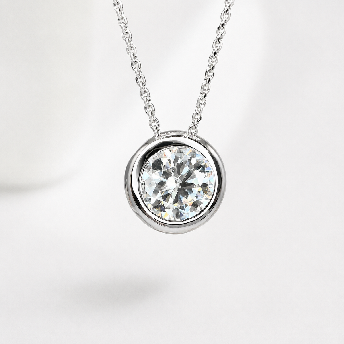 Moissanite Bezel Set Necklace, Moissanite Ladies Necklace,  Round Moissanite Pendant,  Round Bezel Pendant, 14K White Gold #6747 #6748