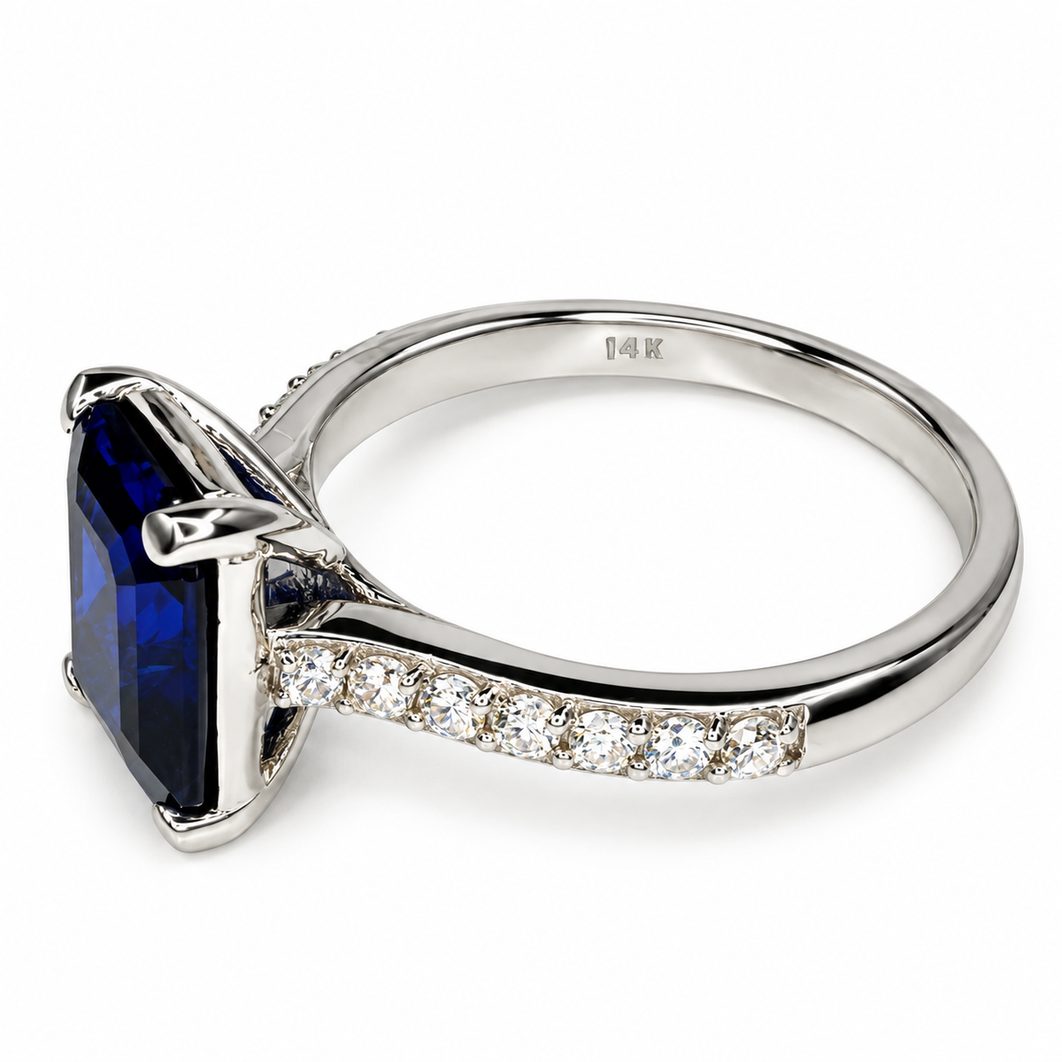 Emerald Cut Blue Sapphire Engagement Ring 14K White Gold,  September Birthstone Ring For Ladies,  Blue Sapphire and Moissanite Ring,   #6373