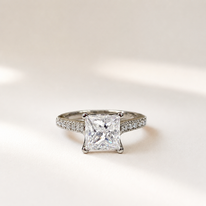 Moissanite Engagement Ring Princess Cut 14K Solid White Gold, Simple Moissanite Engagement Ring For Ladies Solitaire Princess Cut Ring, 7135