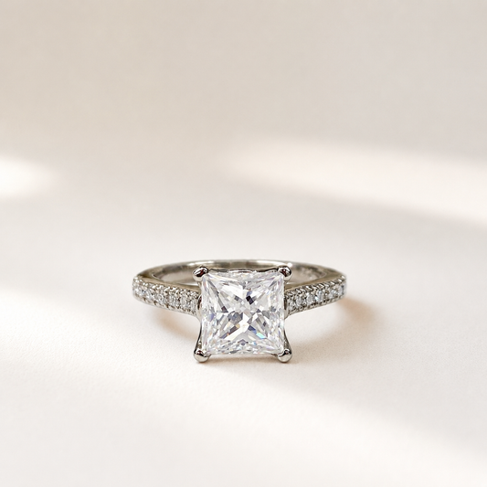 Moissanite Engagement Ring Princess Cut 14K Solid White Gold, Simple Moissanite Engagement Ring For Ladies Solitaire Princess Cut Ring, 7135