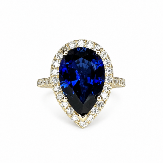 Pear Shape Blue Sapphire Engagement Ring, Blue Sapphire And Moissanite Halo Ladies Ring, 14k White Gold Sapphire And Moissanite Ring #6179