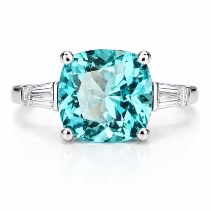 Blue Paraiba Tourmaline Cushion Moissanite Baguettes Engagement Ring  Three Stone Paraiba Tourmaline Anniversary Promise Wedding Ring