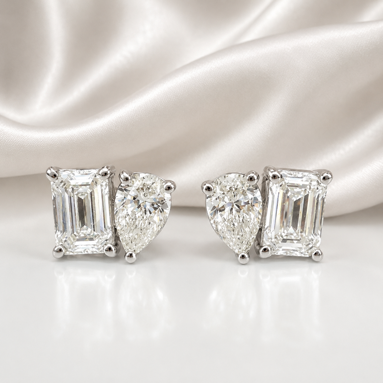 14k Gold Diamond Earrings – Toi Et Moi Pear & Emerald Shape Studs 2 CTW
