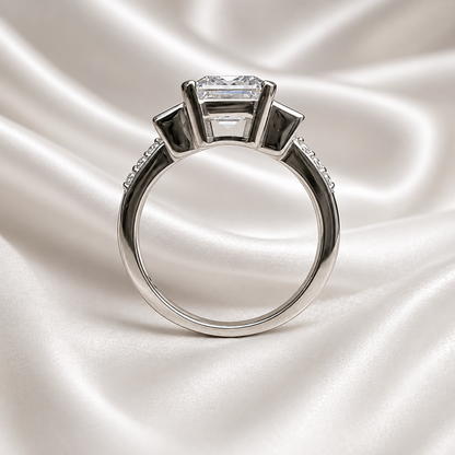 Moissanite Emerald Cut Engagement Ring With Emerald Cut Sides And Round Accents, Three Stone Engagement Ring, 14K White Gold #4660 #6883