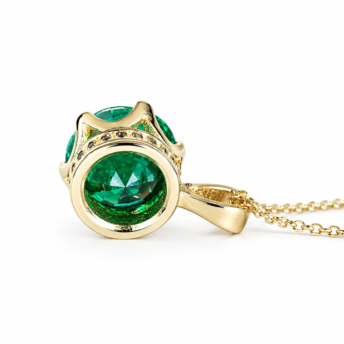 Round Emerald Solitaire Pendant, Crown Head Emerald Green Necklace For her , 14K Gold May Birthstone Pendant , Ladies Emerald Necklace #6065