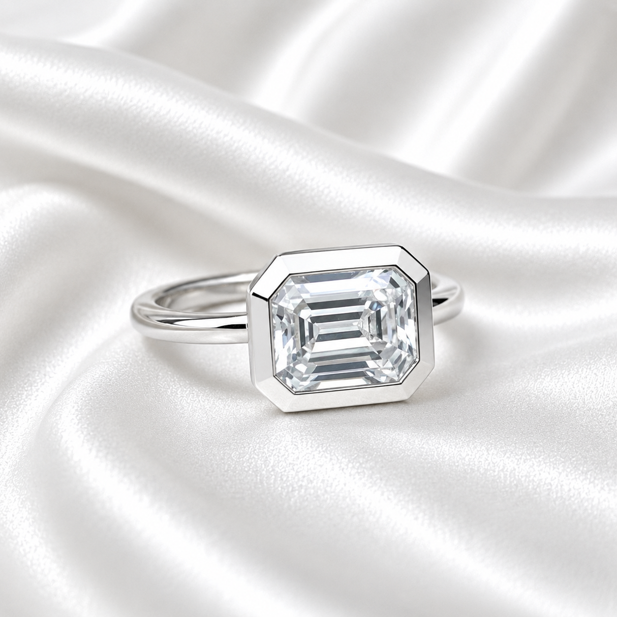 Emerald Cut Engagement Ring / Certified Moissanite Ring / East To West Bezel Set Ring / 14k White Gold / #6318