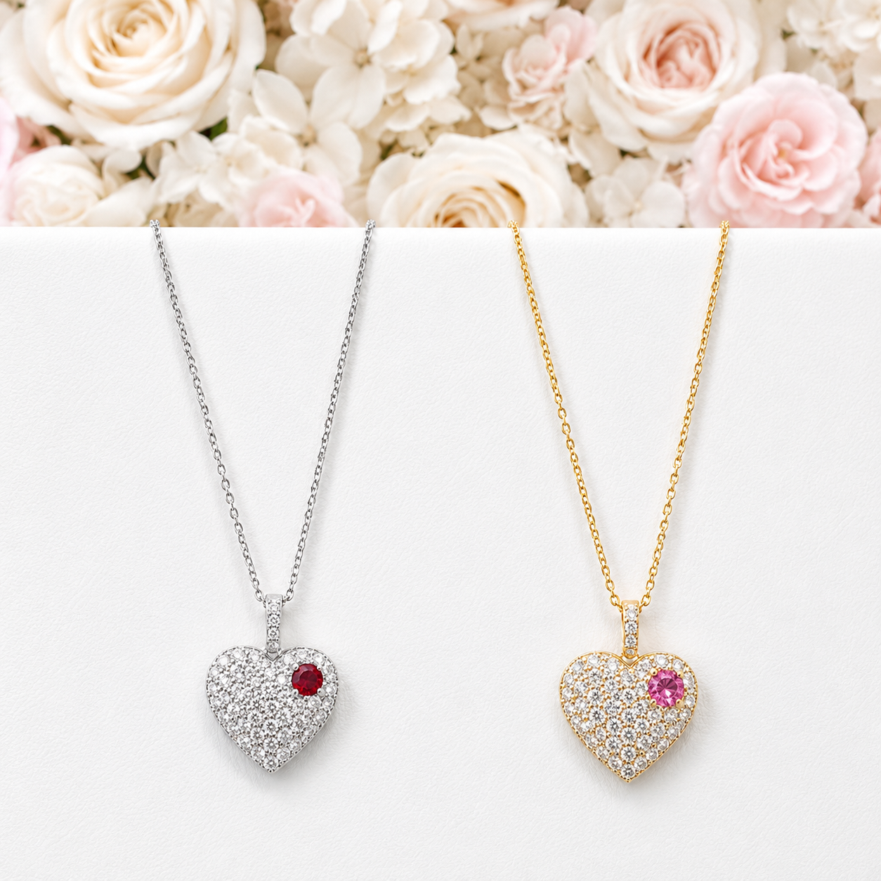 Lab Grown Diamond Heart Pendant With Ruby or Pink Sapphire 14K Solid Gold , Birthstone Heart Pendant , Puffy Heart Necklace #8861