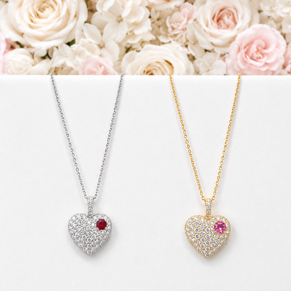 Lab Grown Diamond Heart Pendant With Ruby or Pink Sapphire 14K Solid Gold , Birthstone Heart Pendant , Puffy Heart Necklace #8861