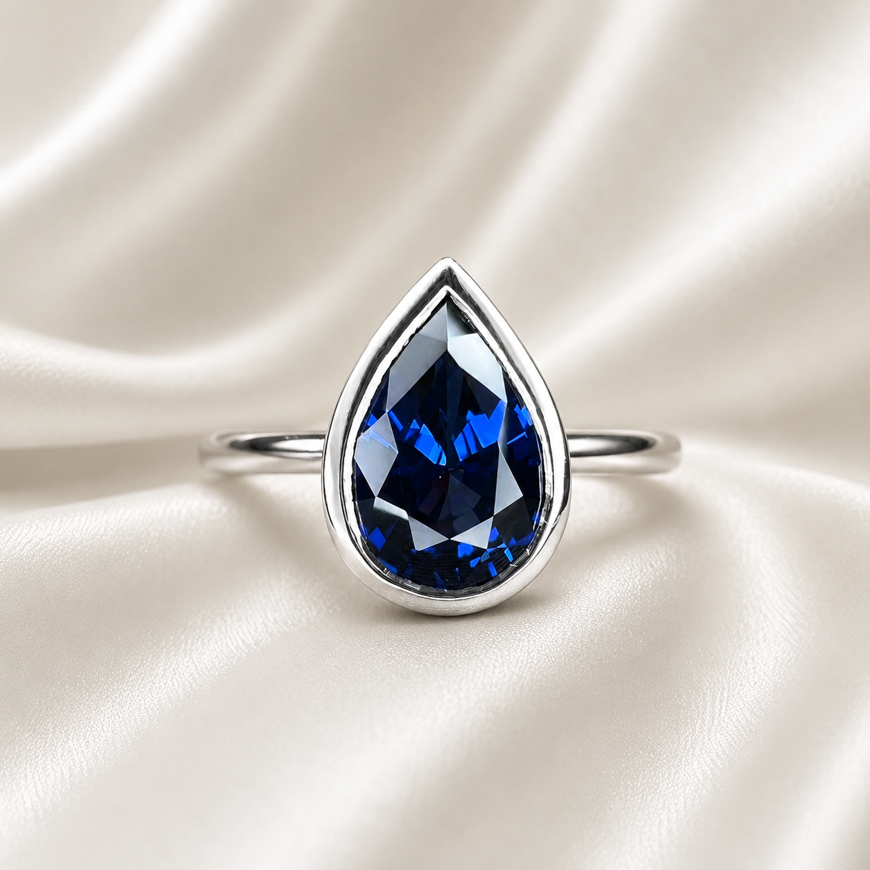 Pear shape  blue sapphire ladies ring, bezel set in 14k white gold #5860