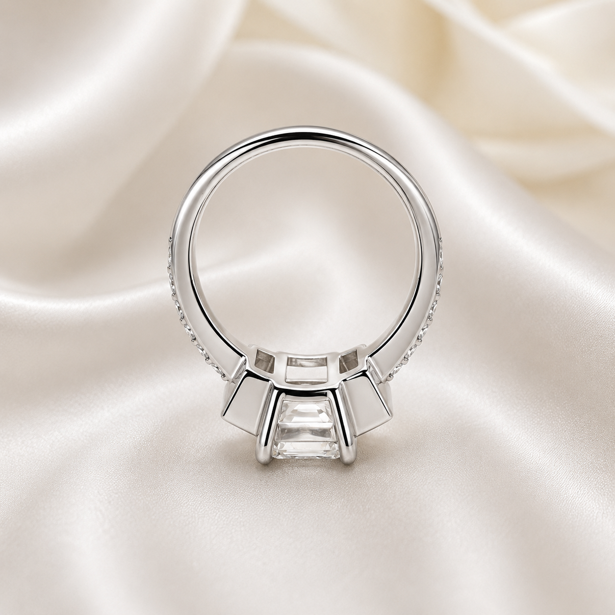 Moissanite Emerald Cut Engagement Ring With Emerald Cut Sides And Round Accents, Three Stone Engagement Ring, 14K White Gold #4660 #6883