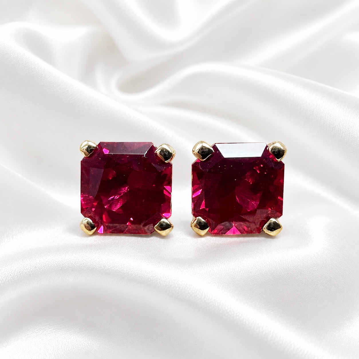 Radiant Cut Studs, 3.50CTW Blood Red Ruby Earring, Dainty Jewelry, 14k Yellow Gold, #6181