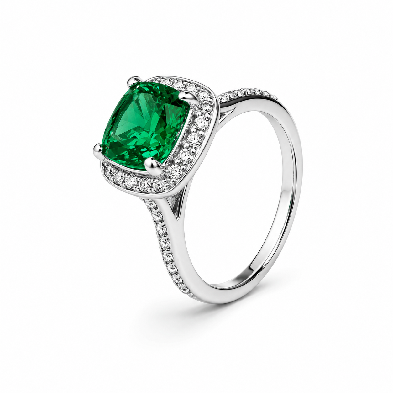 Emerald Green Ring Cushion Cut Emerald with Moissanite Halo Engagement Ring White Gold Simple Emerald Wedding Promise Anniversary Ring #6190