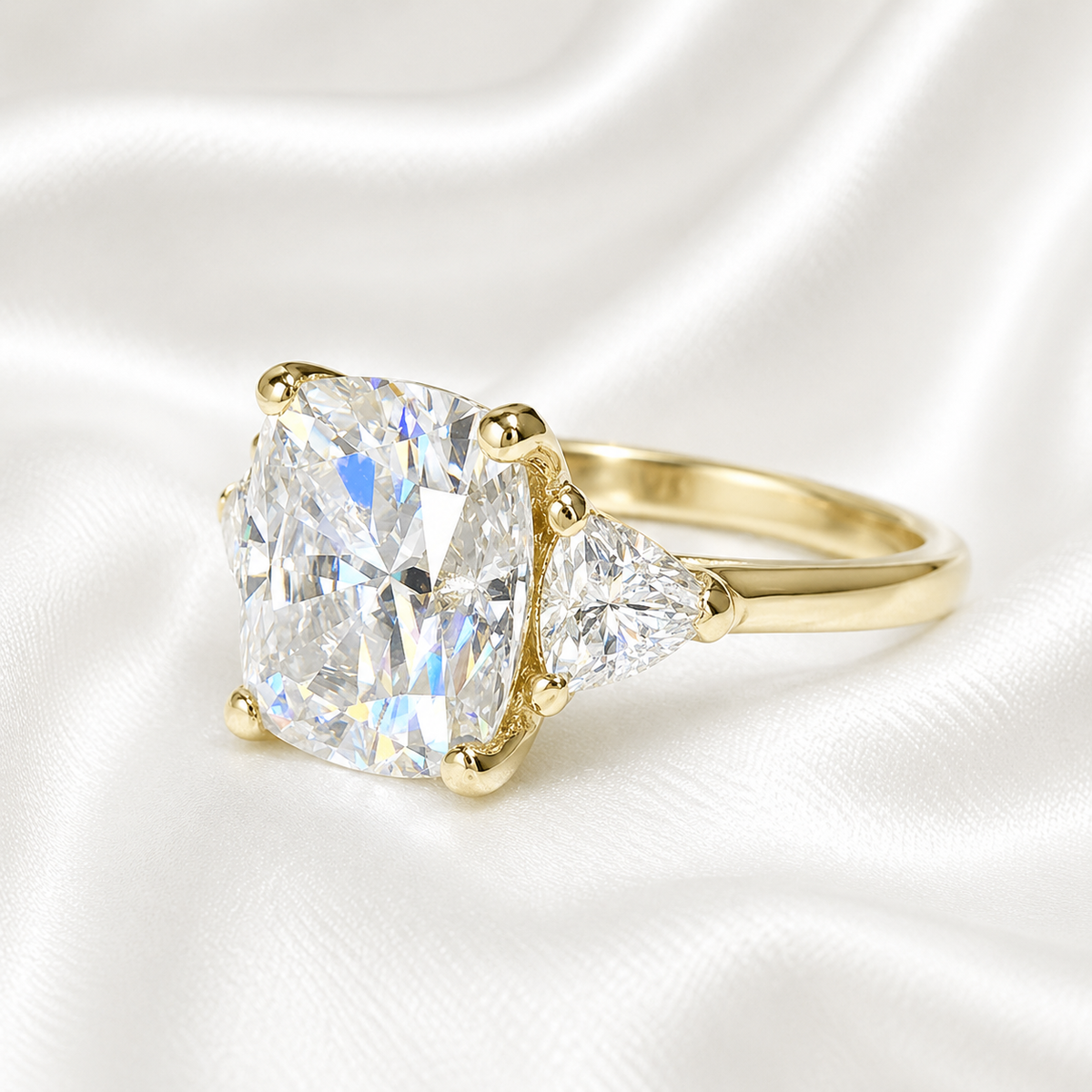 Moissanite Engagement Ring Cushion Cut, Elongated Cushion Shaped Three Stone Wedding Ring, 14k White Gold Trillion Moissanite Ring,  #5545