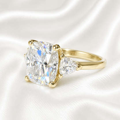 Moissanite Engagement Ring Cushion Cut, Elongated Cushion Shaped Three Stone Wedding Ring, 14k White Gold Trillion Moissanite Ring,  #5545